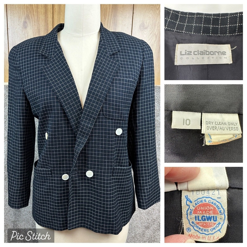 Vintage 1990s Liz Claiborne Black & White Checkered Double-Breasted Blazer-ILGWU